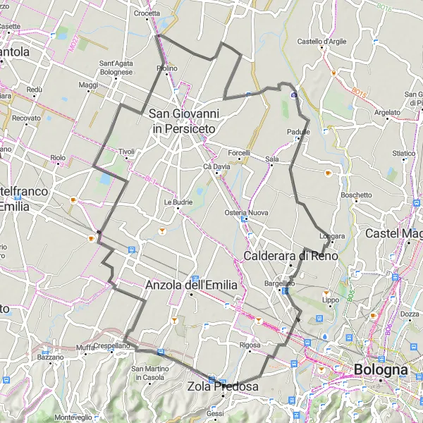 Map miniature of "Ponte Ronca to Borgo Panigale" cycling inspiration in Emilia-Romagna, Italy. Generated by Tarmacs.app cycling route planner