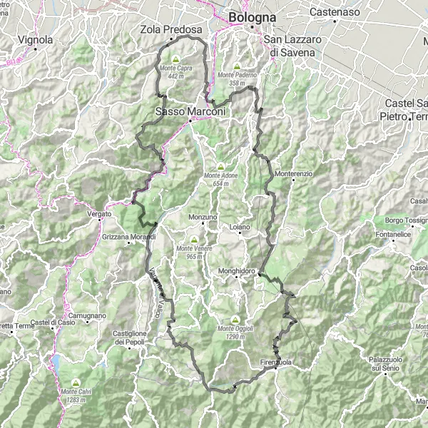 Kartminiatyr av "Riale - Monte Salvaro Loop" cykelinspiration i Emilia-Romagna, Italy. Genererad av Tarmacs.app cykelruttplanerare