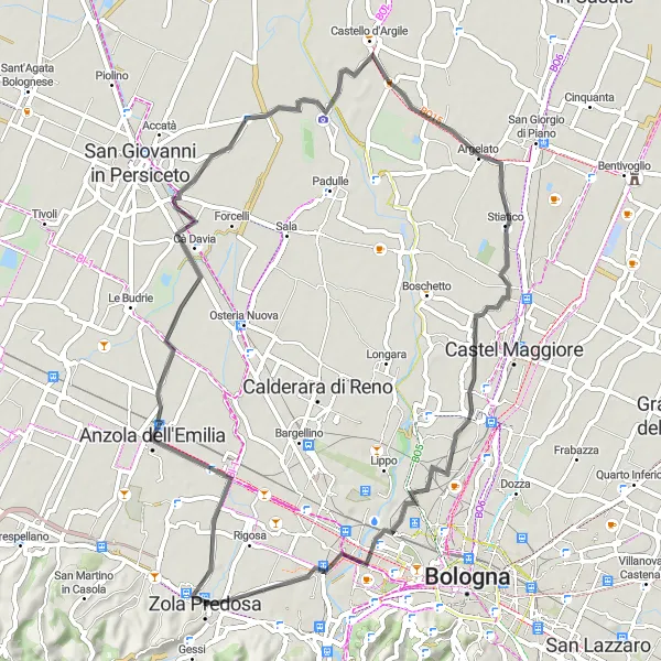 Miniaturní mapa "Trasa kolem Anzoly dell'Emilia" inspirace pro cyklisty v oblasti Emilia-Romagna, Italy. Vytvořeno pomocí plánovače tras Tarmacs.app