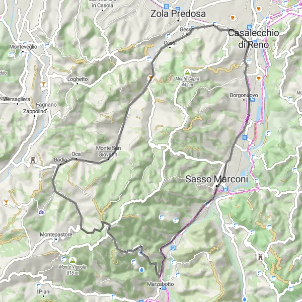 Miniaturní mapa "Okružní cyklotrasa Riale - Fontana - Monte Bonsara - Borra - Calderino - Monte Malgotto - Riale" inspirace pro cyklisty v oblasti Emilia-Romagna, Italy. Vytvořeno pomocí plánovače tras Tarmacs.app