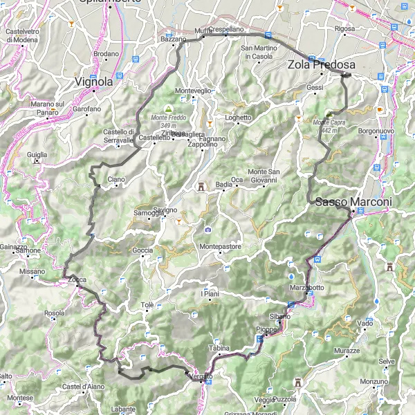 Mapa miniatúra "Výnimočná okružná cyklotrasa cez Monte Torrone" cyklistická inšpirácia v Emilia-Romagna, Italy. Vygenerované cyklistickým plánovačom trás Tarmacs.app