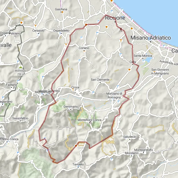 Miniatura mapy "Wyzwanie górzystego terenu koło Riccione" - trasy rowerowej w Emilia-Romagna, Italy. Wygenerowane przez planer tras rowerowych Tarmacs.app