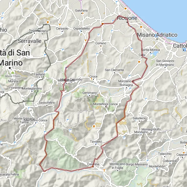 Mapa miniatúra "Gravelová trasa okolo Riccione" cyklistická inšpirácia v Emilia-Romagna, Italy. Vygenerované cyklistickým plánovačom trás Tarmacs.app