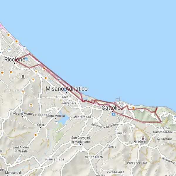 Mapa miniatúra "Jazda popri pobreží" cyklistická inšpirácia v Emilia-Romagna, Italy. Vygenerované cyklistickým plánovačom trás Tarmacs.app