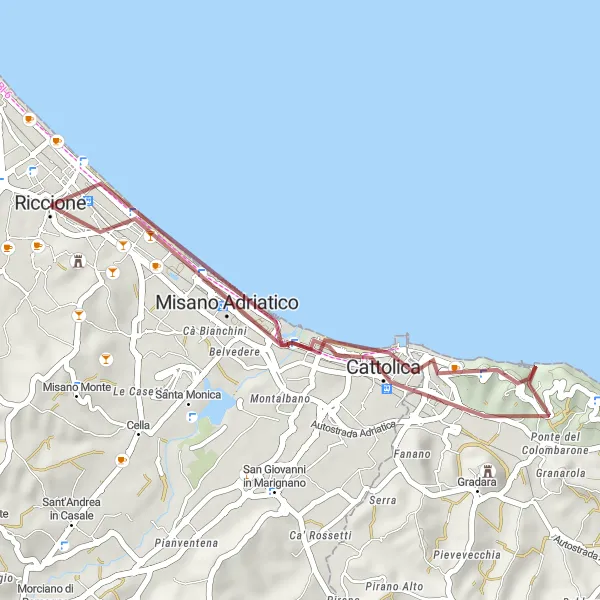 Miniatuurkaart van de fietsinspiratie "Rondrit door Kustdorpjes" in Emilia-Romagna, Italy. Gemaakt door de Tarmacs.app fietsrouteplanner