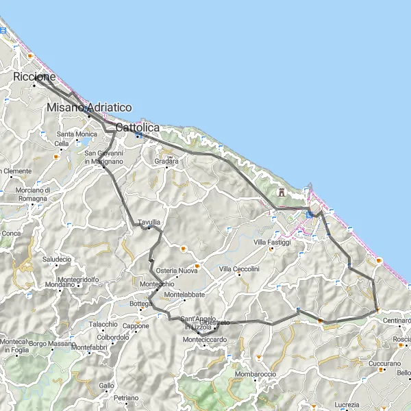 Miniatuurkaart van de fietsinspiratie "Cattolica, Monte Trebbio en Tavullia route" in Emilia-Romagna, Italy. Gemaakt door de Tarmacs.app fietsrouteplanner