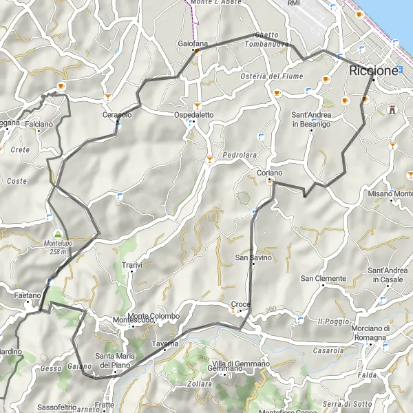 Map miniature of "Scenic Road Cycling Adventure near Riccione" cycling inspiration in Emilia-Romagna, Italy. Generated by Tarmacs.app cycling route planner