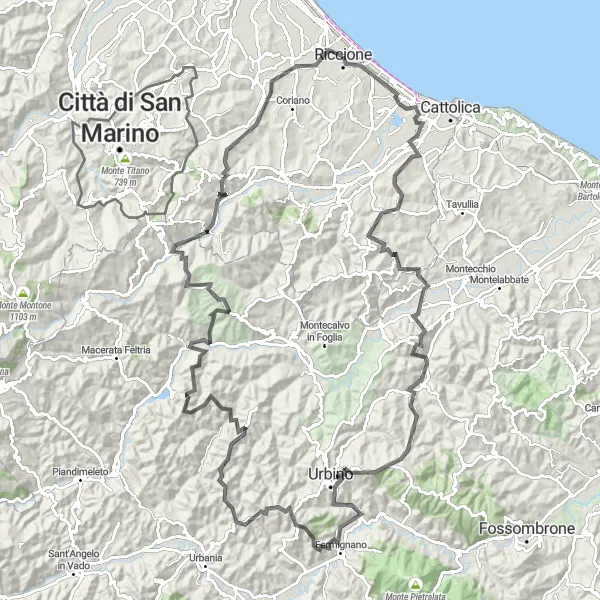 Miniaturní mapa "Kruhová cyklotrasa kolem Riccione" inspirace pro cyklisty v oblasti Emilia-Romagna, Italy. Vytvořeno pomocí plánovače tras Tarmacs.app