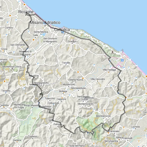 Miniatua del mapa de inspiración ciclista "Ruta de Ciclismo en Carretera de 108km cerca de Riccione" en Emilia-Romagna, Italy. Generado por Tarmacs.app planificador de rutas ciclistas
