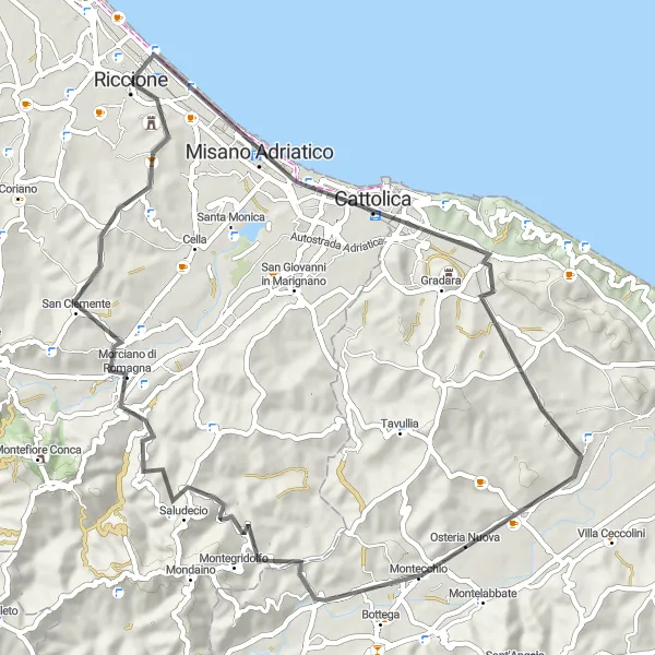 Miniatua del mapa de inspiración ciclista "Ruta en Carretera a través de Cattolica y Saludecio" en Emilia-Romagna, Italy. Generado por Tarmacs.app planificador de rutas ciclistas