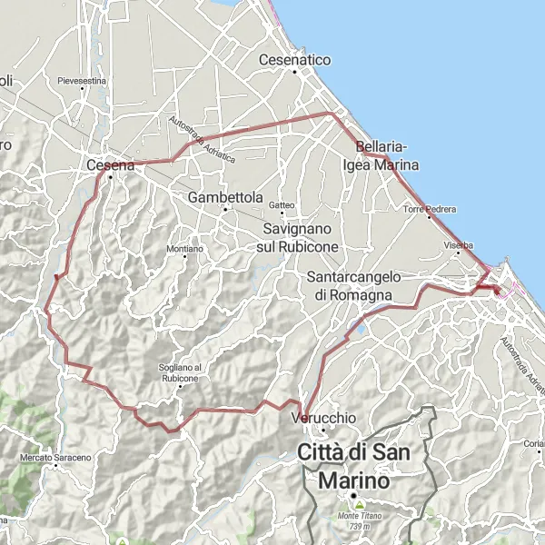 Kartminiatyr av "Lang grusvei sykkeltur fra Rimini til Cesena og San Mauro a Mare" sykkelinspirasjon i Emilia-Romagna, Italy. Generert av Tarmacs.app sykkelrutoplanlegger