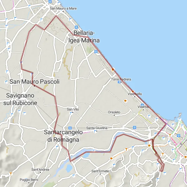 Zemljevid v pomanjšavi "Raziščite manj znane kraje ob obali" kolesarske inspiracije v Emilia-Romagna, Italy. Generirano z načrtovalcem kolesarskih poti Tarmacs.app