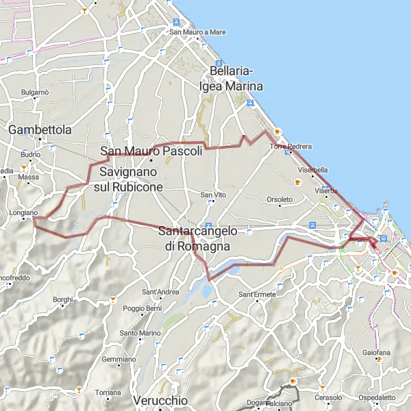Miniatua del mapa de inspiración ciclista "Ruta de gravilla hacia Rimini" en Emilia-Romagna, Italy. Generado por Tarmacs.app planificador de rutas ciclistas