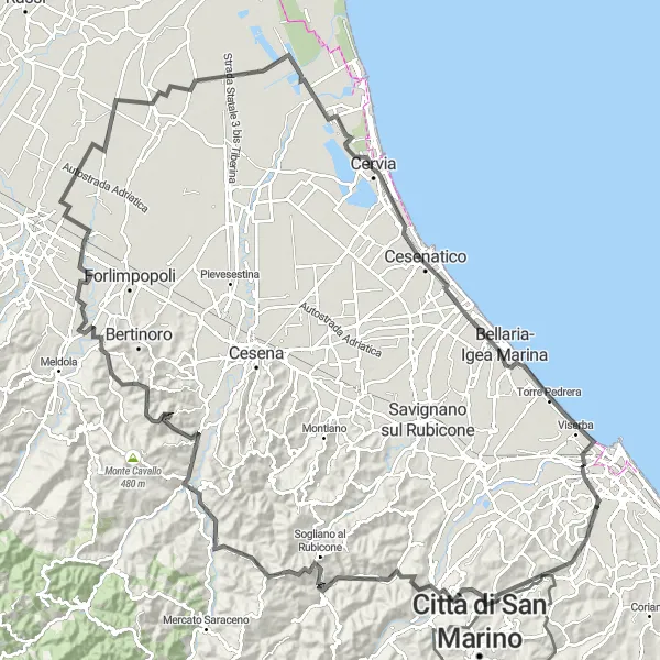 Map miniature of "Verucchio and Monte Maggiore" cycling inspiration in Emilia-Romagna, Italy. Generated by Tarmacs.app cycling route planner