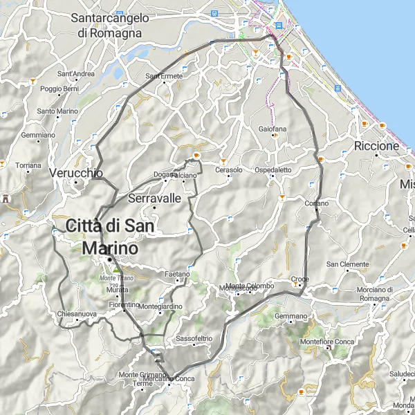 Miniaturní mapa "Silniční okruh přes Coriano, Mercatino Conca, San Marino a další" inspirace pro cyklisty v oblasti Emilia-Romagna, Italy. Vytvořeno pomocí plánovače tras Tarmacs.app