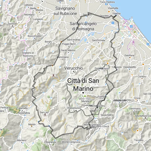 Miniaturní mapa "Kola kolem Rimini - výlet do Venetie" inspirace pro cyklisty v oblasti Emilia-Romagna, Italy. Vytvořeno pomocí plánovače tras Tarmacs.app