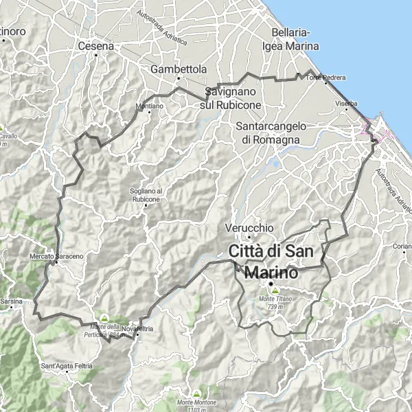 Miniatua del mapa de inspiración ciclista "Ruta de las colinas de Rimini" en Emilia-Romagna, Italy. Generado por Tarmacs.app planificador de rutas ciclistas