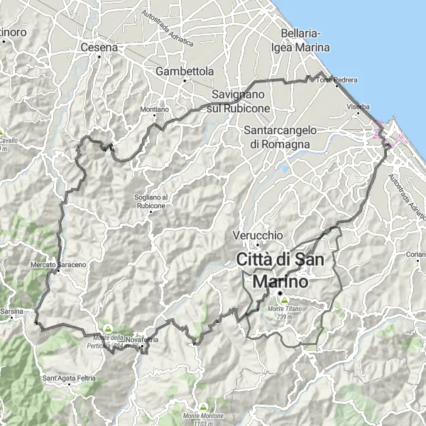 Miniatua del mapa de inspiración ciclista "Ruta al Monte Maggiore" en Emilia-Romagna, Italy. Generado por Tarmacs.app planificador de rutas ciclistas