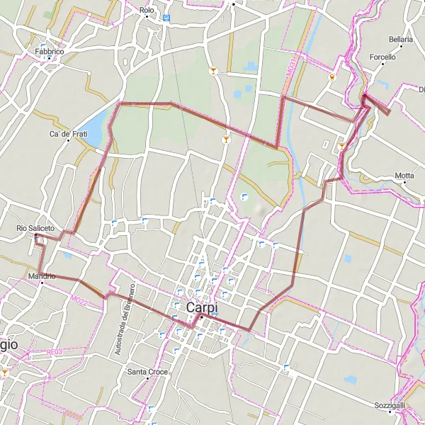 Karten-Miniaturansicht der Radinspiration "Gravel Tour von Rio Saliceto nach Mandrio" in Emilia-Romagna, Italy. Erstellt vom Tarmacs.app-Routenplaner für Radtouren