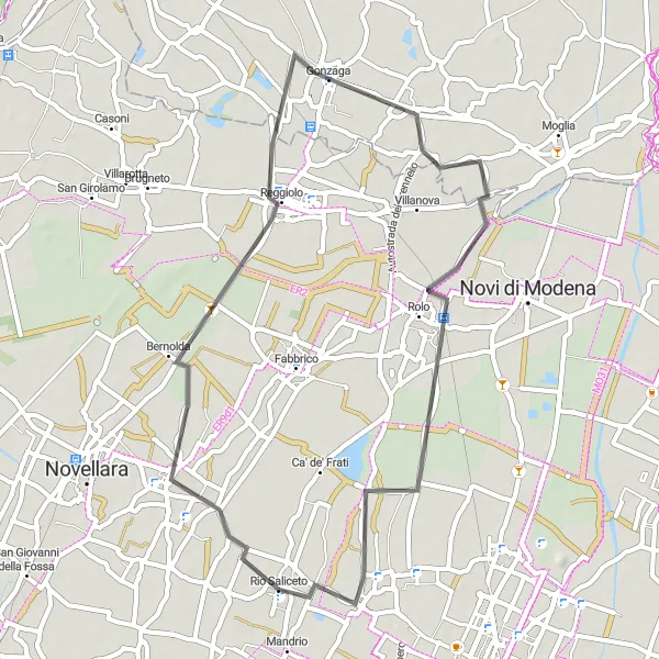 Map miniature of "From Rio Saliceto to Campagnola Emilia via Reggiolo and Rolo" cycling inspiration in Emilia-Romagna, Italy. Generated by Tarmacs.app cycling route planner