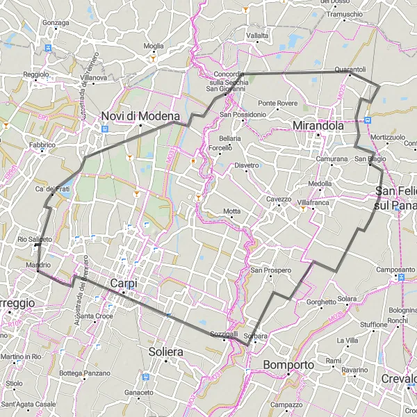 Map miniature of "Scenic Road Cycling from Rio Saliceto to Carpi via Concordia sulla Secchia and Quarantoli" cycling inspiration in Emilia-Romagna, Italy. Generated by Tarmacs.app cycling route planner
