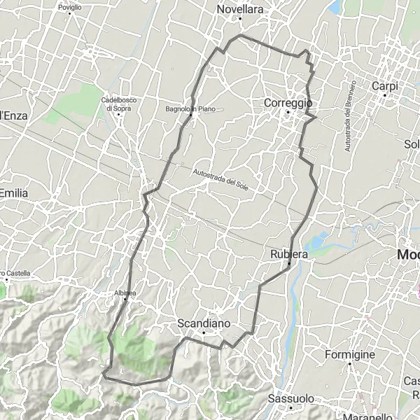 Karten-Miniaturansicht der Radinspiration "Rio Saliceto nach Reggio nell'Emilia und zurück" in Emilia-Romagna, Italy. Erstellt vom Tarmacs.app-Routenplaner für Radtouren