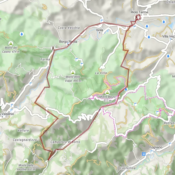 Miniaturní mapa "Gravel Bike Tour around Riolo Terme" inspirace pro cyklisty v oblasti Emilia-Romagna, Italy. Vytvořeno pomocí plánovače tras Tarmacs.app