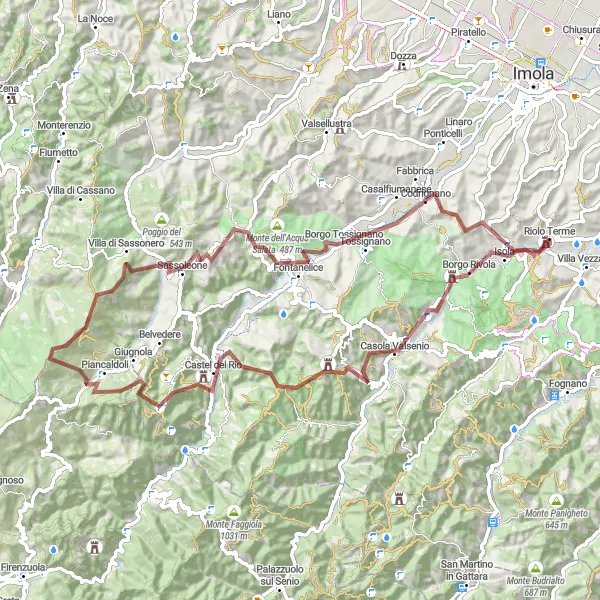 Miniaturní mapa "Gravelová okružní cyklotrasa kolem Riolo Terme" inspirace pro cyklisty v oblasti Emilia-Romagna, Italy. Vytvořeno pomocí plánovače tras Tarmacs.app