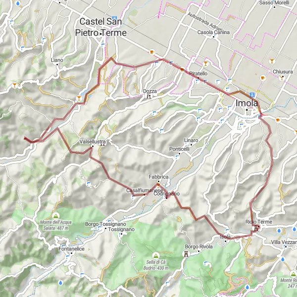 Miniaturní mapa "Trasa Monte Roso a Imola" inspirace pro cyklisty v oblasti Emilia-Romagna, Italy. Vytvořeno pomocí plánovače tras Tarmacs.app