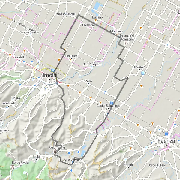 Miniaturní mapa "Okružní cyklotrasa kolem Riolo Terme" inspirace pro cyklisty v oblasti Emilia-Romagna, Italy. Vytvořeno pomocí plánovače tras Tarmacs.app
