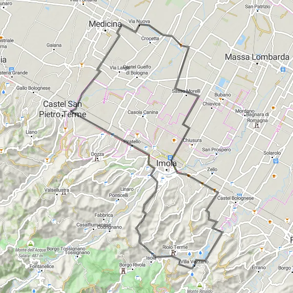Zemljevid v pomanjšavi "Riolo Terme - Monte Castellaccio Cycling Route" kolesarske inspiracije v Emilia-Romagna, Italy. Generirano z načrtovalcem kolesarskih poti Tarmacs.app