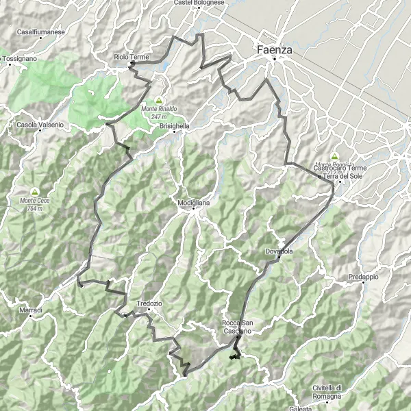 Miniaturní mapa "Dlouhá okružní road cyklotrasa kolem Riolo Terme" inspirace pro cyklisty v oblasti Emilia-Romagna, Italy. Vytvořeno pomocí plánovače tras Tarmacs.app