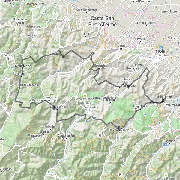 Karten-Miniaturansicht der Radinspiration "Casola Valsenio - Monterenzio - Montecucolo Rundfahrt" in Emilia-Romagna, Italy. Erstellt vom Tarmacs.app-Routenplaner für Radtouren