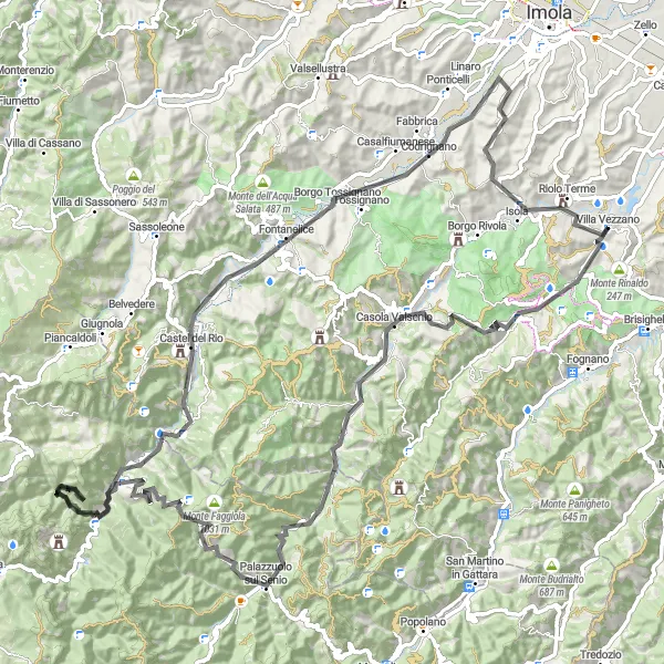 Karten-Miniaturansicht der Radinspiration "Riolo Terme - Castel del Rio - Monte del Ballo Rundweg" in Emilia-Romagna, Italy. Erstellt vom Tarmacs.app-Routenplaner für Radtouren