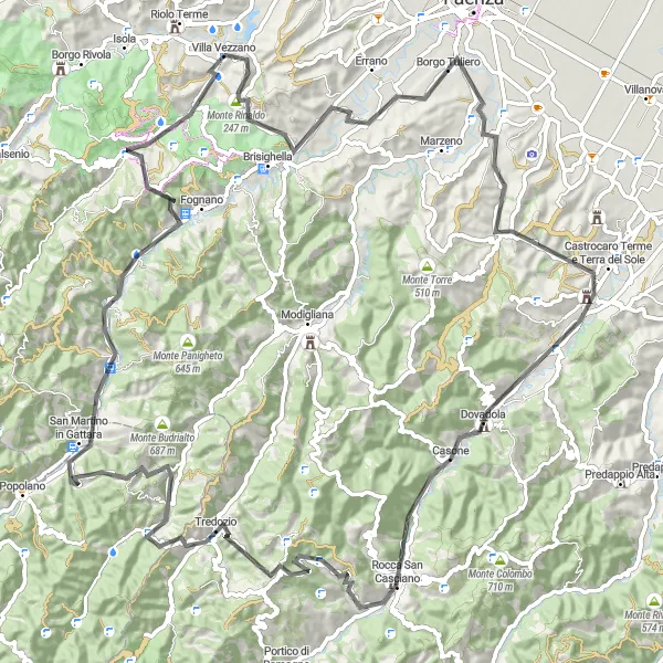 Mapa miniatúra "Okrúhla cesta cez Riolo Terme" cyklistická inšpirácia v Emilia-Romagna, Italy. Vygenerované cyklistickým plánovačom trás Tarmacs.app
