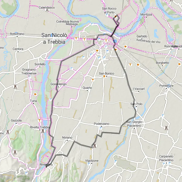 Kartminiatyr av "Historiske perler rundt Rivergaro" sykkelinspirasjon i Emilia-Romagna, Italy. Generert av Tarmacs.app sykkelrutoplanlegger
