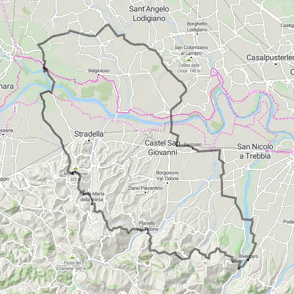 Miniature de la carte de l'inspiration cycliste "Parcours de 146 km à partir de Rivergaro" dans la Emilia-Romagna, Italy. Générée par le planificateur d'itinéraire cycliste Tarmacs.app