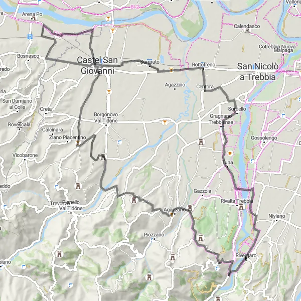 Miniaturní mapa "Historickým městečkům kolem Rivergara" inspirace pro cyklisty v oblasti Emilia-Romagna, Italy. Vytvořeno pomocí plánovače tras Tarmacs.app