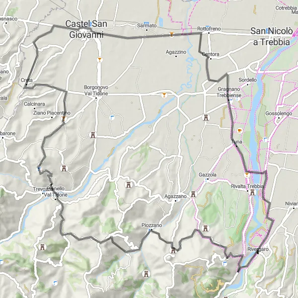 Mapa miniatúra "Road Hilltop Adventure" cyklistická inšpirácia v Emilia-Romagna, Italy. Vygenerované cyklistickým plánovačom trás Tarmacs.app