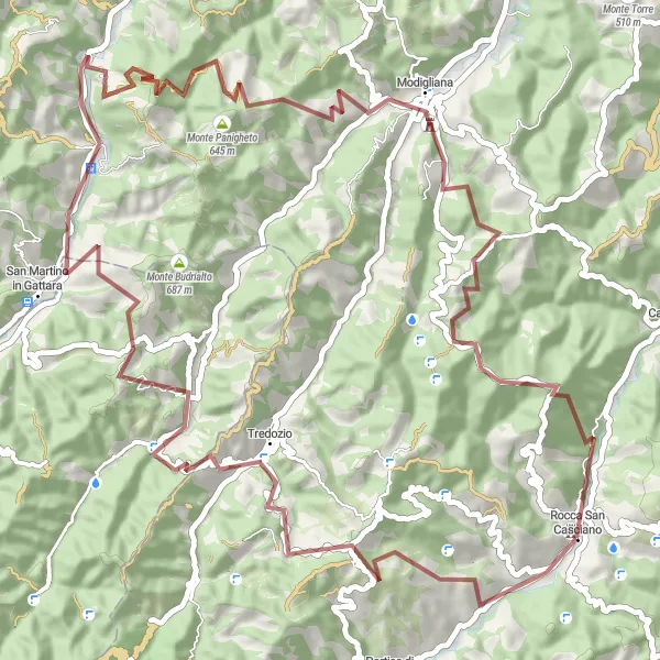 Zemljevid v pomanjšavi "Raznolikost pokrajine med Monte Sacco in Montebellom" kolesarske inspiracije v Emilia-Romagna, Italy. Generirano z načrtovalcem kolesarskih poti Tarmacs.app