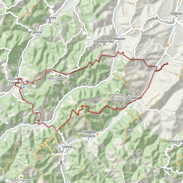 Miniatura della mappa di ispirazione al ciclismo "Giro Gravel tra Rocca San Casciano e Monte Colombo" nella regione di Emilia-Romagna, Italy. Generata da Tarmacs.app, pianificatore di rotte ciclistiche