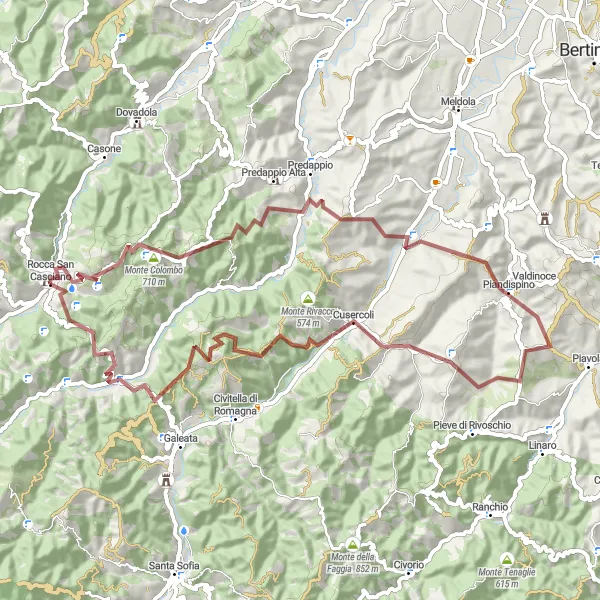 Miniatua del mapa de inspiración ciclista "Ruta de Grava por Monte Colombo y Cusercoli" en Emilia-Romagna, Italy. Generado por Tarmacs.app planificador de rutas ciclistas