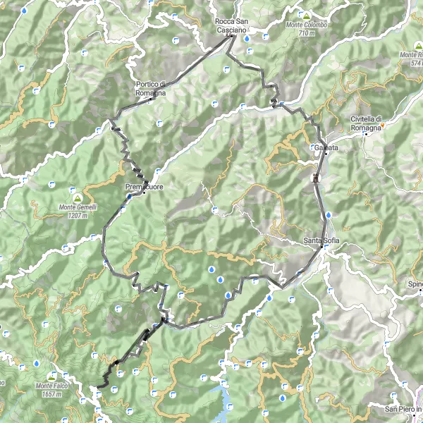 Miniatua del mapa de inspiración ciclista "Ruta en Carretera por Monte Erno y Portico di Romagna" en Emilia-Romagna, Italy. Generado por Tarmacs.app planificador de rutas ciclistas