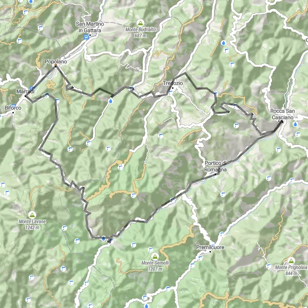 Miniaturní mapa "Okružní cyklistická trasa kolem Rocca San Casciano - Road" inspirace pro cyklisty v oblasti Emilia-Romagna, Italy. Vytvořeno pomocí plánovače tras Tarmacs.app