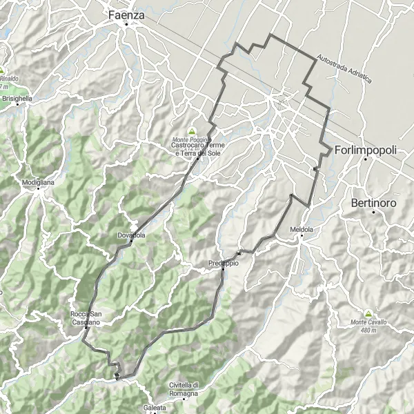 Zemljevid v pomanjšavi "Odkrivanje zgodovinskih zakladov v območju Rocca San Casciano" kolesarske inspiracije v Emilia-Romagna, Italy. Generirano z načrtovalcem kolesarskih poti Tarmacs.app