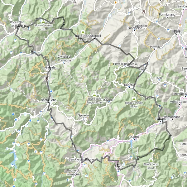 Miniature de la carte de l'inspiration cycliste "Défi épique à travers les montagnes de Sarsina" dans la Emilia-Romagna, Italy. Générée par le planificateur d'itinéraire cycliste Tarmacs.app