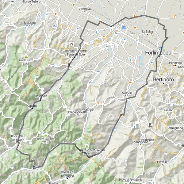 Miniatua del mapa de inspiración ciclista "Ruta en Carretera por Dovadola y Rico" en Emilia-Romagna, Italy. Generado por Tarmacs.app planificador de rutas ciclistas
