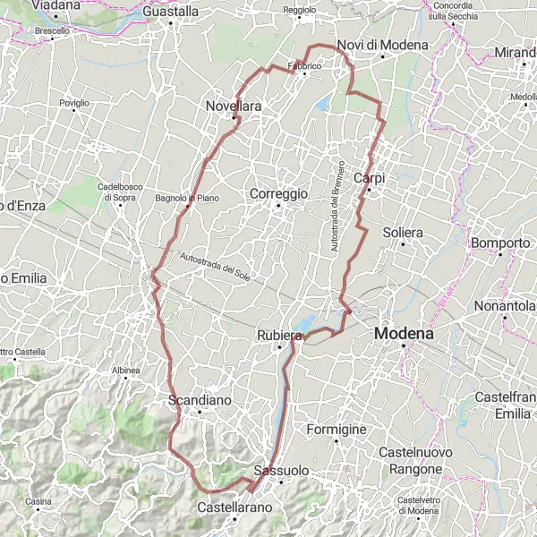 Miniatua del mapa de inspiración ciclista "Ruta de ciclismo de grava desde Rolo a Fabbrico" en Emilia-Romagna, Italy. Generado por Tarmacs.app planificador de rutas ciclistas