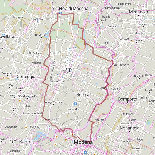 Miniatua del mapa de inspiración ciclista "Exploración por Novi di Modena y Modena" en Emilia-Romagna, Italy. Generado por Tarmacs.app planificador de rutas ciclistas