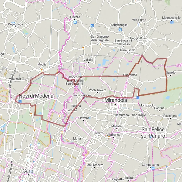 Miniatua del mapa de inspiración ciclista "Aventura en Mirandola y Quarantoli" en Emilia-Romagna, Italy. Generado por Tarmacs.app planificador de rutas ciclistas